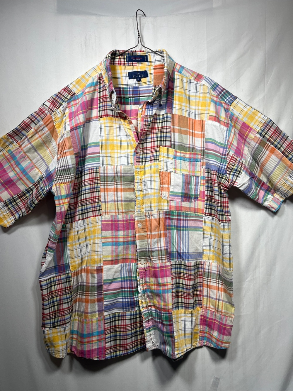 Enro 2ply Madra Multi-Color Patchwork Plaid Short-Sleeve Button-Down Shirt